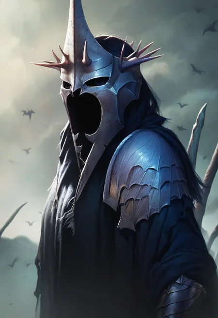 Score_9, score_8_up, score_7_up, Witch King,
close-up,portrait,side view,
looking at viewer,
looking at camera,
masked warrior,
full armor,
black cloak,
shredded clothing