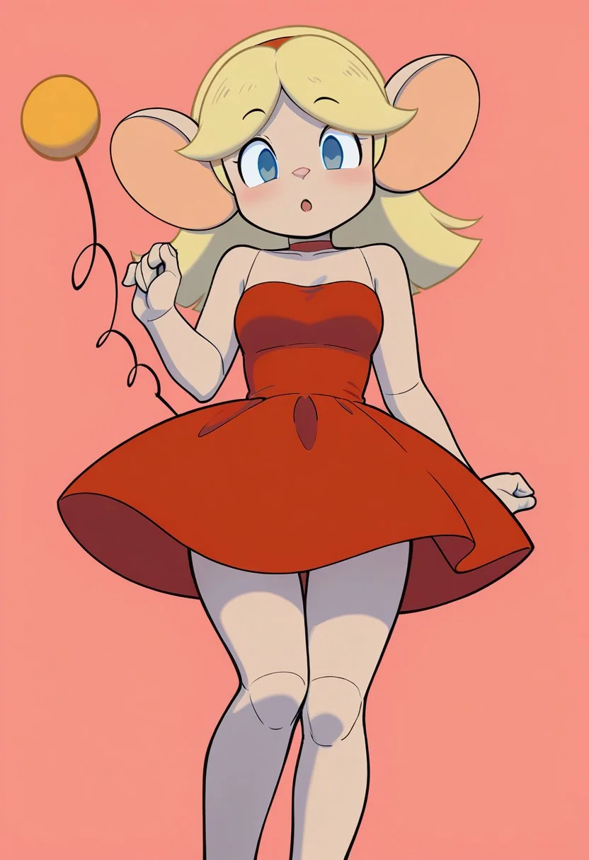 solo, springtail, blonde hair, looking at viewer, red dress, front view