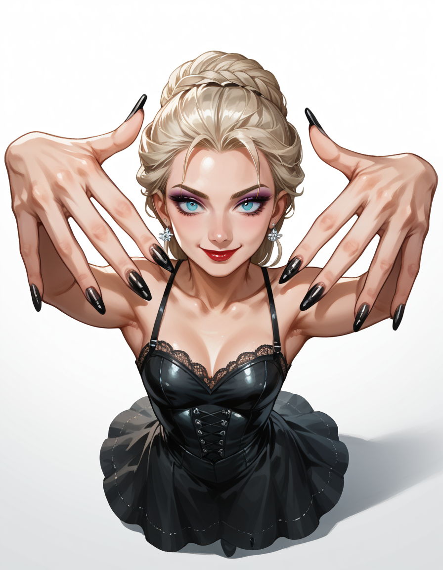 score_9, score_8_up, score_7_up, score_6_up, score_5_up, score_4_up, 1girl, makeup, lipstick, Elsa, hud_n4ilz, perspective, from above, arms up, black nail polish, fingernails, smile, full body, looking at viewer, <lora:mts2-000008:0.6>, (white background:1.4)
 in a gothic getup. Dark, leather, lace, Victorian influence
