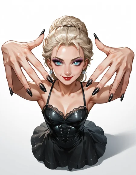 score_9, score_8_up, score_7_up, score_6_up, score_5_up, score_4_up, 1girl, makeup, lipstick, Elsa, hud_n4ilz, perspective, from above, arms up, black nail polish, fingernails, smile, full body, looking at viewer, <lora:mts2-000008:0.6>, (white background:1.4)
in a gothic getup. Dark, leather, lace, Victorian influence