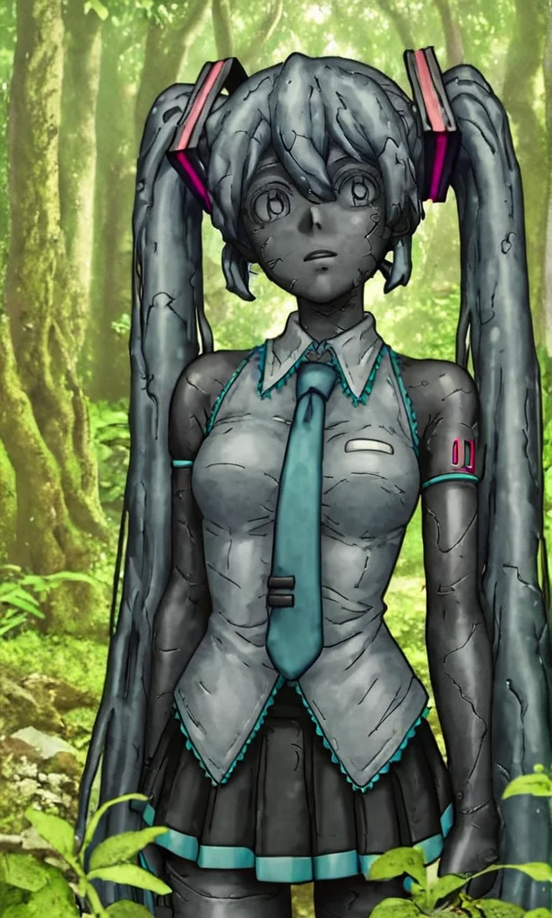 score_8_up, score_7_up, source_manga, rating_questionable, st0n3W0rld, turned to stone, stone statue, hatsune miku, stone hair, decayed clothing grey, in a forest, statue <lora:Petrification_-_Stone_World_-_Dr_Stone:0.9>