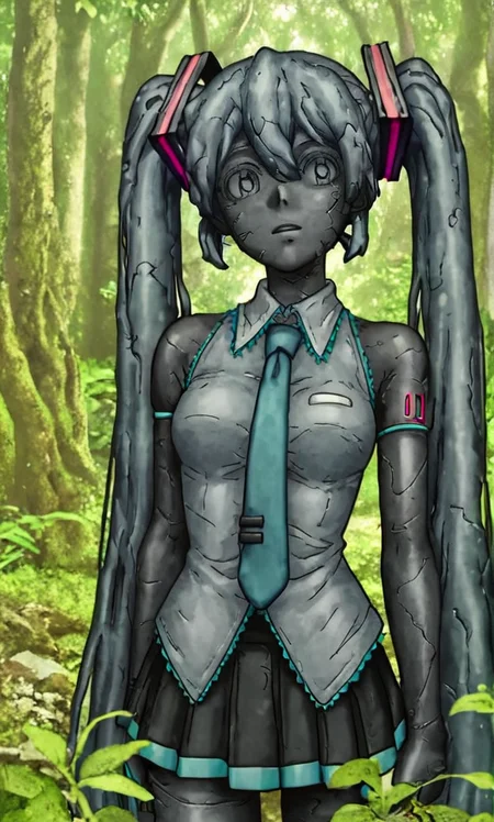 score_8_up, score_7_up, source_manga, rating_questionable, st0n3W0rld, turned to stone, stone statue, hatsune miku, stone hair, decayed clothing grey, in a forest, statue <lora:Petrification_-_Stone_World_-_Dr_Stone:0.9>
