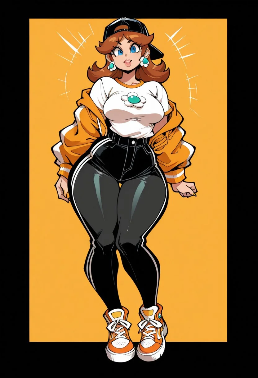 KafunXLP,,
1girl, solo, princess daisy, medium breasts, streetwear, backwards hat, the word 'daisy', wide hips, curvy,