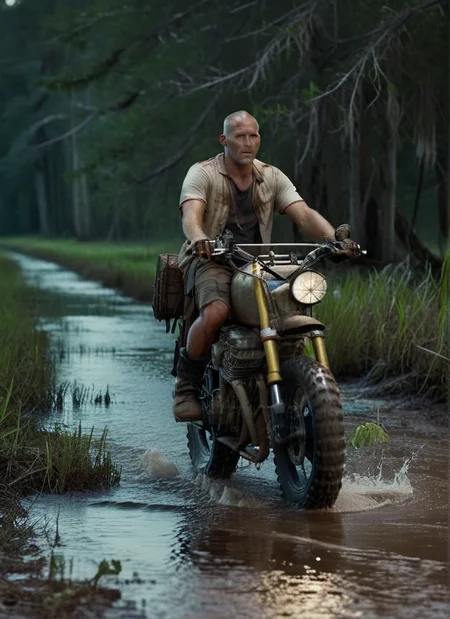 cinematic still of a man in a dirty white t-shirt riding the TWDDDBike through a swamp at night, flooded road, shaved head, hyperdetailed vehicle, rusty and weathered, moonlight, shallow depth of field, <lora:TWDDDBike:1>