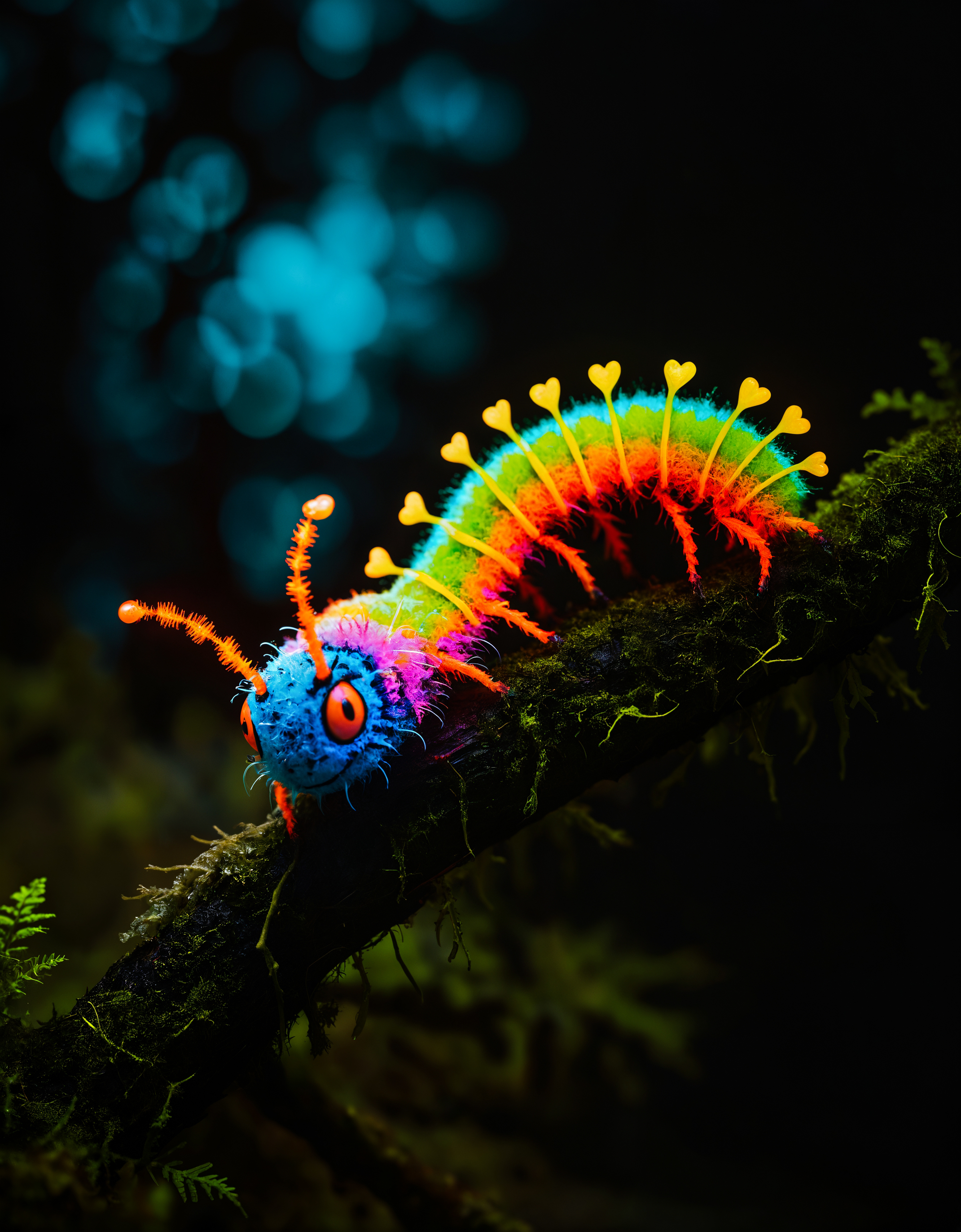 zavy-flrscnc, fluorescent, glowing dust, fluorescent dust, fluorescent spraypaint, fluorescent grain, dust, cinematic film still of a rainbow colored caterpillar on a moss covered branch in a dark forest at blue night, photorealistic, 100mm f/2.8 macro lens,