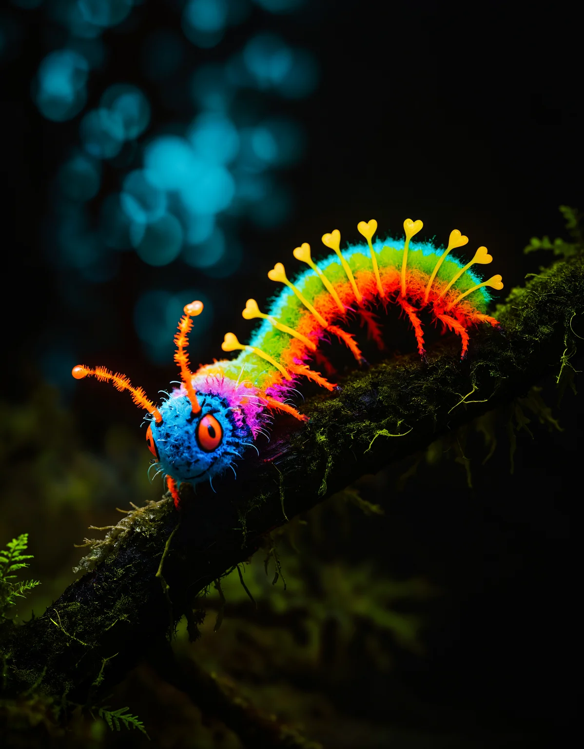 zavy-flrscnc, fluorescent, glowing dust, fluorescent dust, fluorescent spraypaint, fluorescent grain, dust, cinematic film still of a rainbow colored caterpillar on a moss covered branch in a dark forest at blue night, photorealistic, 100mm f/2.8 macro lens,