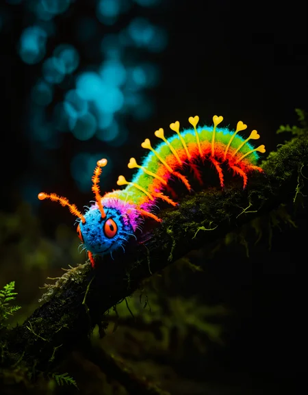 zavy-flrscnc, fluorescent, glowing dust, fluorescent dust, fluorescent spraypaint, fluorescent grain, dust, cinematic film still of a rainbow colored caterpillar on a moss covered branch in a dark forest at blue night, photorealistic, 100mm f/2.8 macro lens,