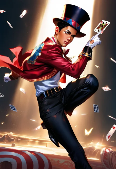 masterpiece, best quality, amazing quality, 1boy, Joyful, soft gaze, smiling, [(((brown eyes)))], fair skin, short hair, slightly wavy hair, ((pronounced cheekbones and chin)), ((face is rounder)), BREAK, circus magician outfit, circus pattern on jacket, red jacket, white gloves, white butterfly clothes, top hat, white t-shirt, playing cards in hand, black trousers, card tricks, BREAK, full portrait view, look to viewer, from narrow, epic poses, 
 cinematic lighting, highly detailed, dynamic shading, artstation illustration, semi-realistic style, realistic/anime style, fantasy-modern vibe, masculine face, ((black pupils)), best eyes anatomy, best face anatomy, best hands anatomy, BREAK,  very aesthetic, best quality, BREAK,  dark lighting, dark colours, attractive features, detailed hair, detailed features, realistic facial features, BREAK, sea background, dynamic poses, dynamic angle, no girl body, no girl face,