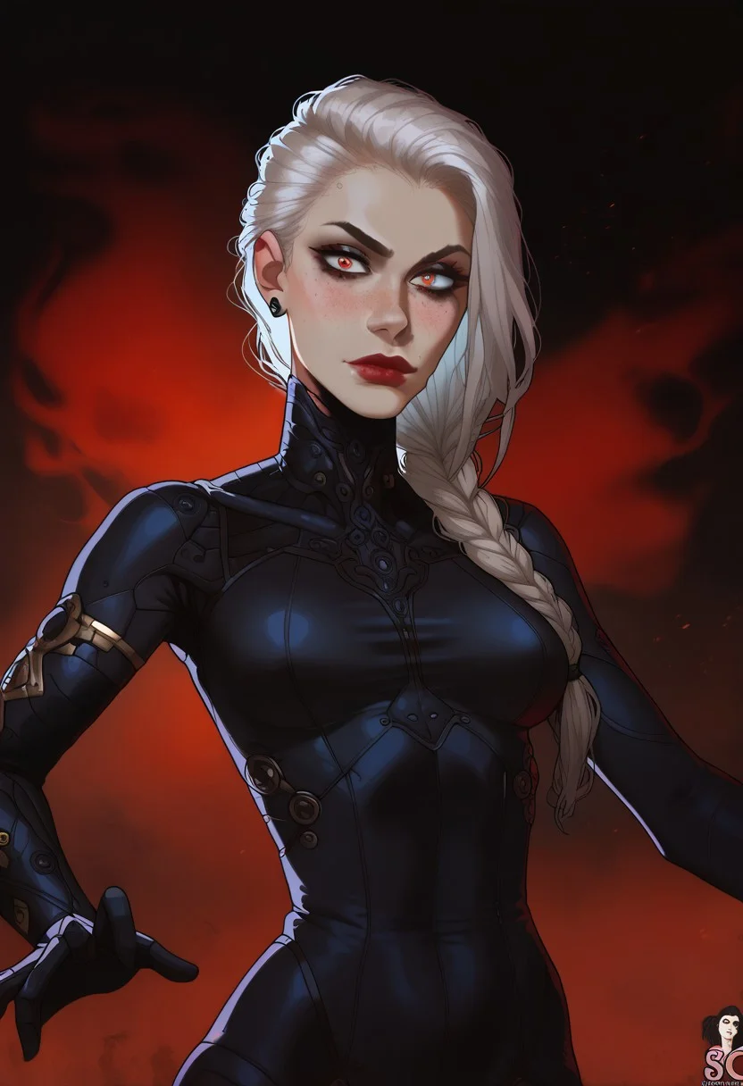 cybernetic style fantasy style, , 1girl, young, high braided  ponytail , platinum hair,  grim dark futuristic assassin, seductive, black skin tight bodysuit, slim  body, small waist, gloves, leather elbow gloves, jewelry ,(solo), pale skin, curvy body, freckles, athletic body, , , slim waist,, untouched beauty, clear, lively, detailed face, upper body accent, dark makeup, goddess,, seductive look,gothic  Victorian influence
dynamic action pose
she is swinging a sword at the viewer  with a green blade
her eyes are augmented and cybernetic glowing red eyes that pierce through the darkness
background of a darkened futuristic  palace
<lora:CPA:0.6>low-key lighting, atmospheric haze, underexposed, cinematic darkness, deep shadows . futuristic, technological, cybernetic enhancements, <lora:artisketchyfs-v02:0.5> <lora:FluxMythV2:0.7>