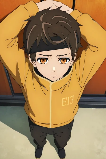 score_9, score_8_up, score_7_up, , rating_safe, intricate details, (3d:0.4), , , 1boy, solo, male focus, <lora:twenty-fifth_bam_pony:1>, twenty-fifth_bam, brown hair, orange eyes, short hair, headband, from above, full body, skytree, indoors, arms above head, sad, , <lora:sdxl_lightning_8step_lora:1>