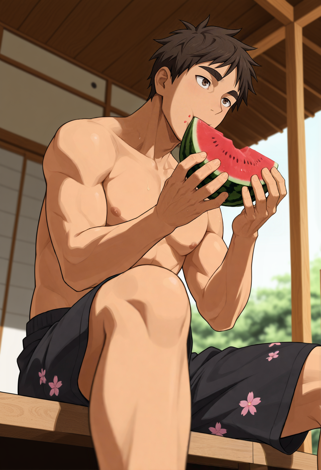 masterpiece,best quality,anime coloring,
1boy,toned male,(manly:0.6),
t3pp31k,brown hair,short hair,thick eyebrows,brown eyes,
light blush,looking ahead,
sitting,topless male,eating,holding watermelon,food on mouth,chewing,
black shorts,floral pattern,veranda,porch,
from below,east asian architecture,
atmospheric perspective,depth of field,
<lora:teppei_kiyoshi_NAI_EPS_1_1_CAME_v1_rev6:1>,âââ,âââ