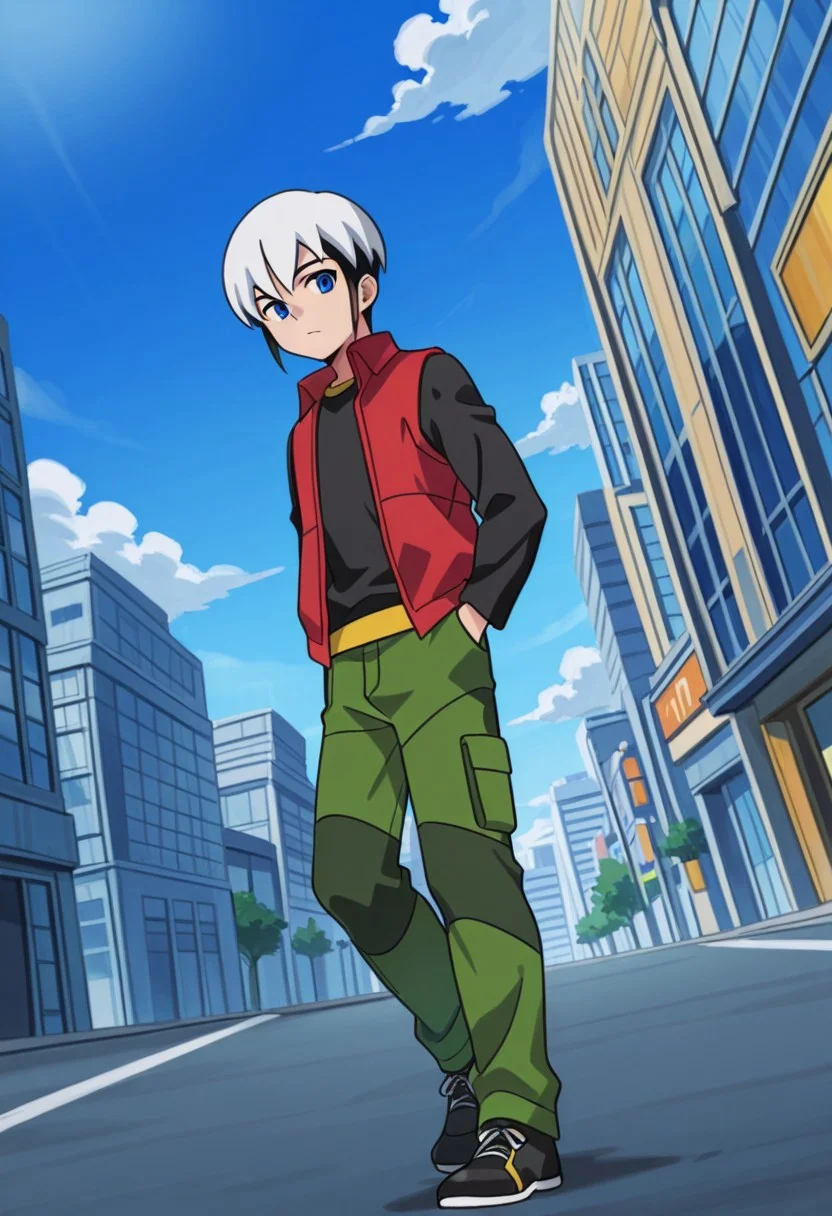 score_9, score_8_up, score_7_up, score_6_up, highly detailed,Good Colors, Good Shading, Good Eyes, Contrast Shading, male_focus, 1boy, alone, Chaud, male_focus, multicolored hair, white hair, black hair, blue eyes, black shirt, red sleeveless jacket, green pants, black shoes, city, blue sky, clouds, street