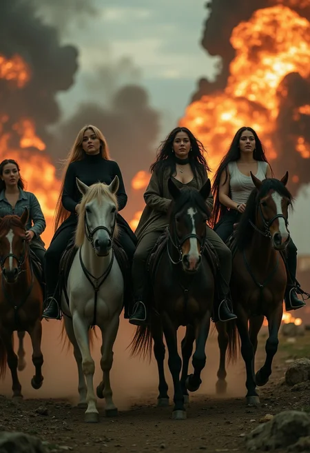 four beautiful women on horses representing the four horsemen of the apocalypse. A dystopian scene as the women ride the horses, dark angelic women,