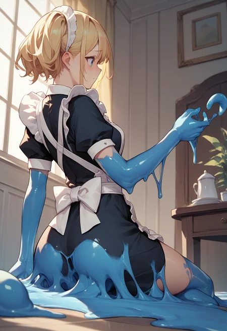 score_9, score_8_up, score_7_up, score_6_up, source_anime, <lora:slime_v0.1-pony:1>
1girl, blonde hair, maid,
blue slime, indoors, arm support,