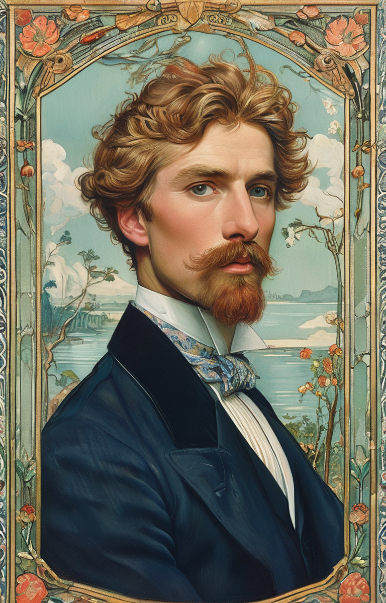 masterpiece,best quality,<lora:tbh132-sdxl:0.8>,portrait of man,illustration,style of Walter Crane,