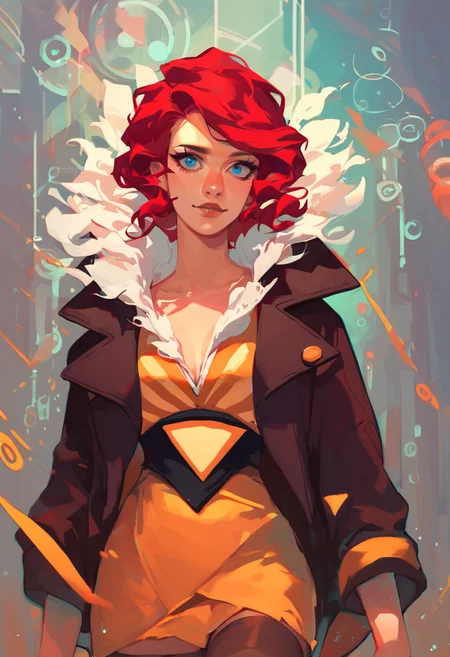 score_9, score_8_up, score_7_up, best quality, highres, 80s anime style, solo, 1girl, red hair, blue eye, Red, transistor, dress, jacket, stockings, upper body, looking at viewer, <lora:Red_Transistor:1>