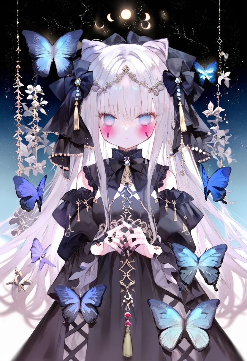 score_9, score_8_up, score_7_up, score_6_up, <lora:oninekoXL_TPN55_lokr_V43P1:0.95> 1girl, bug, butterfly, solo, long hair, blue butterfly, dress, looking at viewer, black bow, tassel, blush, bow, blue eyes, black dress, white hair, closed mouth, detached sleeves, crescent, black nails, hair bun, star \(sky\), double bun, hair ornament, jewelry, nail polish, very long hair, own hands together, cone hair bun, puffy sleeves, long sleeves, facial mark, constellationta fashion, moon, grey hair, hair bow, key, crescent moon, ring