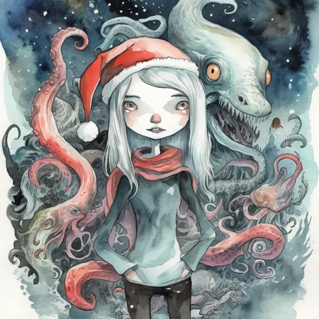 drawix3 a girl in a santa hat holds a large creature with tentacles in the background of a festive surreal world, watercolor a black ink, very detailed <lora:drawix3:0.9>
