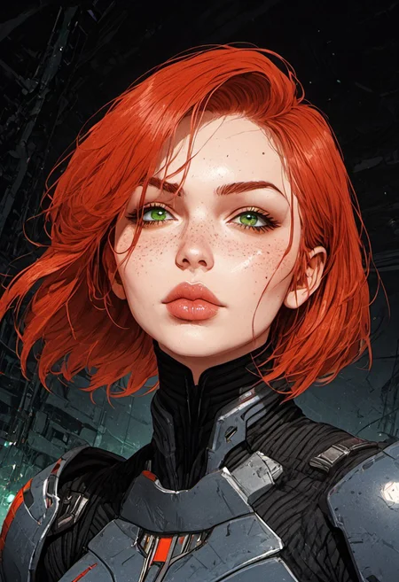 ((zPDXL3)), score_9, score_8_up, score_8, ((waist-up portrait)), (SuperQuality:1.0) ~ (SuperQuality:1.2), Science Fiction, Star Wars, perfecteyes, ultra detailed, high resolution, high quality, masterpiece, intricate details, intricate body, intricate landscape, knva, Expressiveh, European Instagram Model, upper body shot, low light, dungeon, ruins, green glow, black background,
BREAK
1girl, solo, source_cartoon, mature female, 1girl, femshep, red hair, short hair, green eyes, freckles, science fiction armor, beautiful, full lips, looking at viewer, closed mouth,