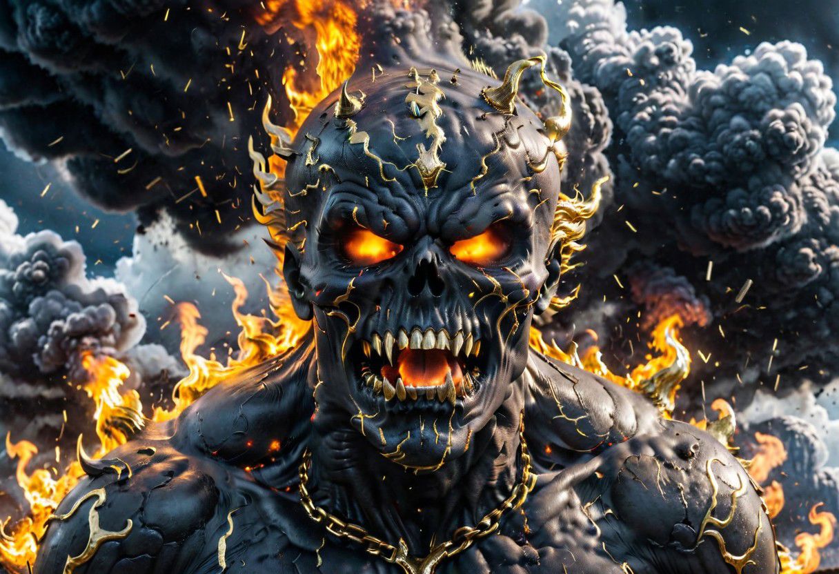 According to the rules, in such cases, it was supposed to become a black impenetrable cloud, fill the entire space with itself, catch up with  gold DEVIL SPAWN horror and look at him with an ominous luminous look from nowhere and from everywhere, which Bomchi immediately did.  Feeling of fear, feeling of horror,rich colors, ultra clear image, more realistic, high resolution photos, 8K HD wallpapershigh quality, intricate details,  ultra detailed, ,depth of field, 8k resolution trending on Artstation Unreal Engine 5, Epic,detailed background, <lora:xl_more_art-full_v1:1.2>  <lora:JuggerCineXL2:0.8> , Cinematic,  <lora:EnvyActionShotXL01:0.8> action shot