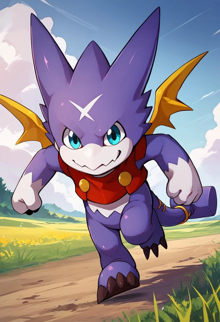 score_9, score_8_up, score_7_up, solo, digimon (creature), violet skin, gumdramon, red vest, hammer tail, wings, running, outside, field