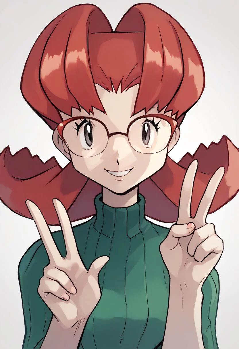 (source_anime, score_9, score_8_up, score_7_up:1), 1girl, solo, DJMary, glasses, looking at viewer, smile, cute, peace sign