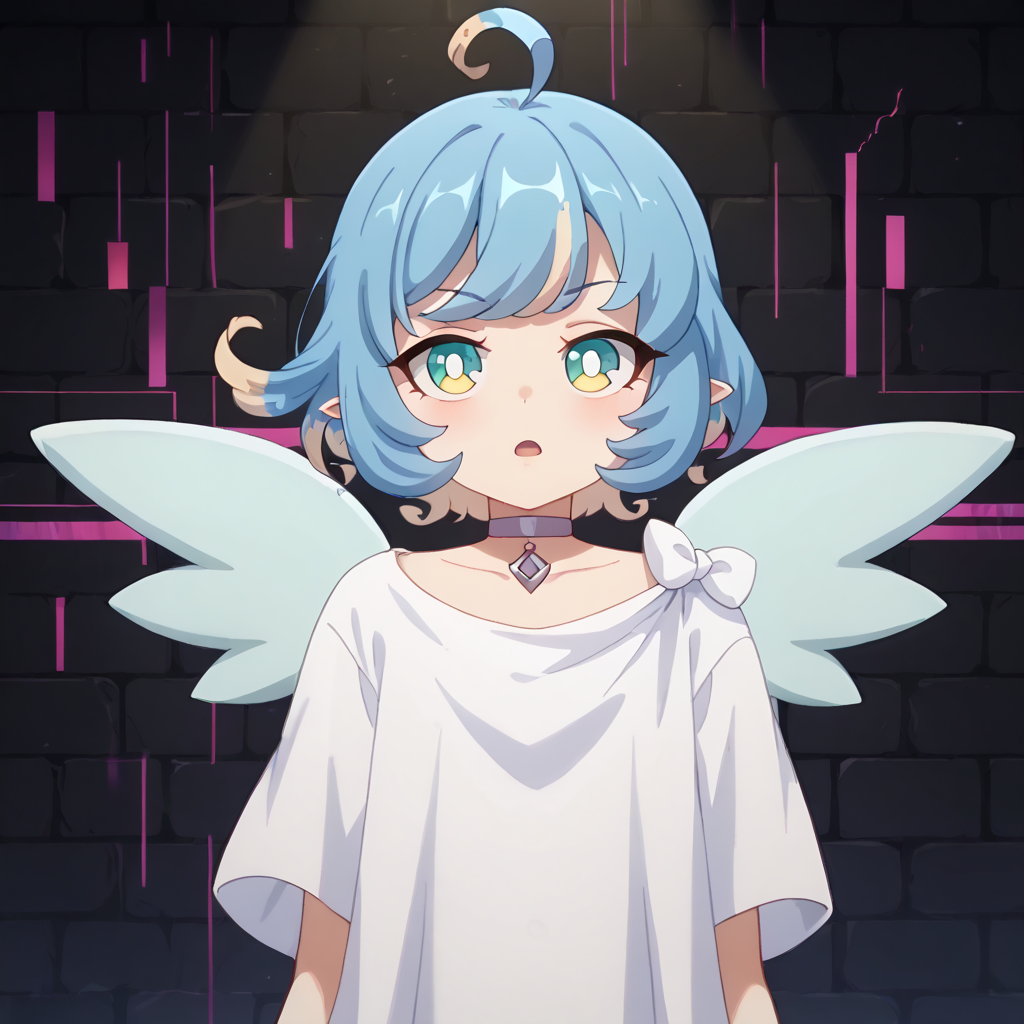 score_9, score_8_up, score_7_up, source_anime, anime screencap, masterpiece, insanely detailed, detailed background, zPDXL3, break, amy_(princess_connect), 1girl, wings, solo, ahoge, short hair, blue hair, multicolored hair, pointy ears,white dress,choker,(glitch), dungeon,chromatic aberration,dimesion break