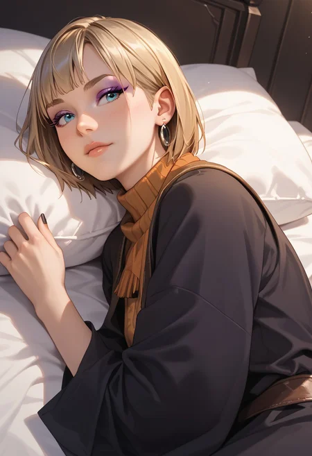 score_9, score_8_up, score_7_up, masterpiece,1 girl beautiful, Ashley Graham, beautiful face, (perfect body: 1.3), petite, small woman, (black satin robe), laying on a bed, short dark blonde hair, bobcut blue eyes, silver earrings, purple eyeshadow, beautiful cinematic lighting, aesthetic, full color, black fingernails