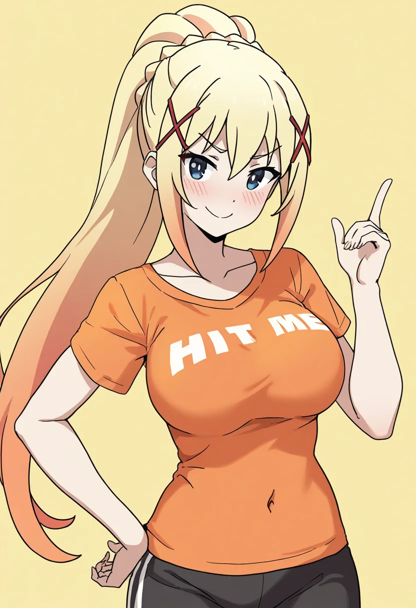 (masterpiece, best quality, good quality:1.1), absurdres, 1girl, darkness \(konosuba\), kono subarashii sekai ni shukufuku wo!, black pants, blue eyes, blush, braid, breasts, closed mouth, clothes writing, collarbone, cowboy shot, dot nose, english text, hair ornament, hand on own hip, hand up, high ponytail, large breasts, long hair, looking at viewer, navel, orange shirt, pants, shirt, short sleeves, simple background, smile, solo, t-shirt, v-shaped eyebrows, x hair ornament, yellow background, text that says "Hit me!"