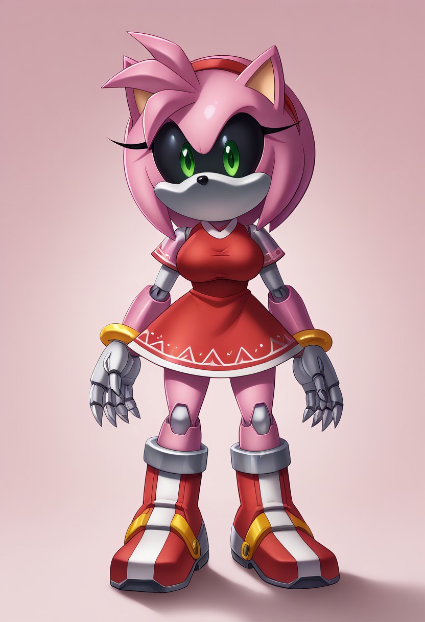 score_9, score_8_up, score_7_up, (best quality:1.1, tall, 6ft tall), ultra-detailed, high resolution, 8k, Metal Amy, pink robot, black sclera, green pupils, red dress, red boots, metal limbs, standing, no mouth, big breasts, curvy, thick thighs, pink background, BREAK outside, Rich, Detailed background, ambient light