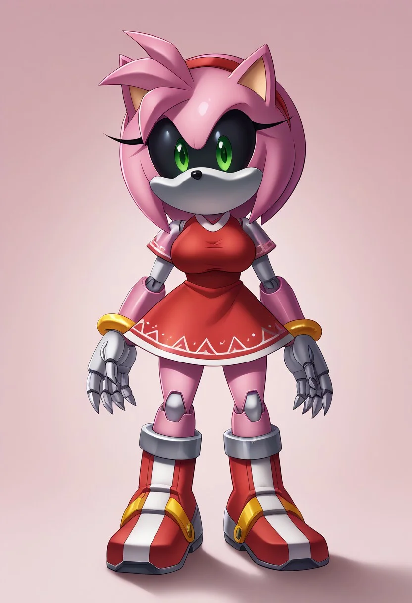 score_9, score_8_up, score_7_up, (best quality:1.1, tall, 6ft tall), ultra-detailed, high resolution, 8k, Metal Amy, pink robot, black sclera, green pupils, red dress, red boots, metal limbs, standing, no mouth, big breasts, curvy, thick thighs, pink background, BREAK outside, Rich, Detailed background, ambient light