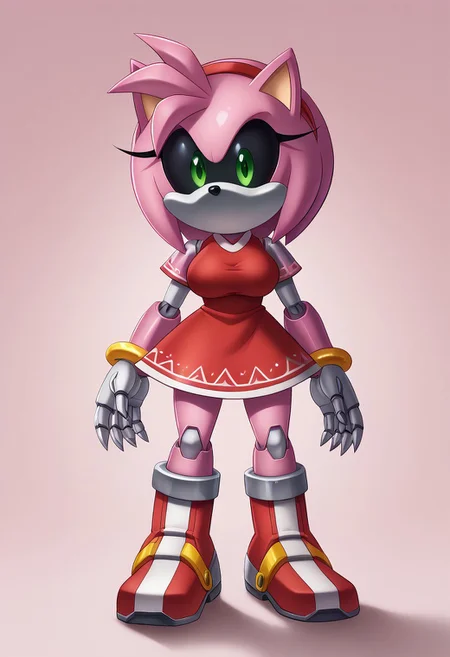 score_9, score_8_up, score_7_up, (best quality:1.1, tall, 6ft tall), ultra-detailed, high resolution, 8k, Metal Amy, pink robot, black sclera, green pupils, red dress, red boots, metal limbs, standing, no mouth, big breasts, curvy, thick thighs, pink background, BREAK outside, Rich, Detailed background, ambient light