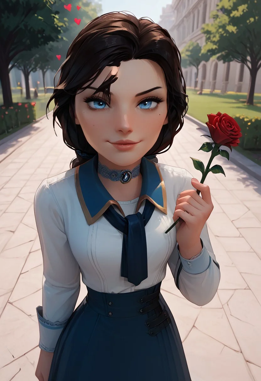 score_9, score_8_up, score_7_up, score_6_up, 1girl, 25 years old, perfect face, cute, petite, blue eyes, lace, park, green garden, seductive smile, come hither, naughty face, looking at viewer, dynamic angle, red roses, ELIZABETH2, low ponytail, tie, collared shirt, white shirt, skirt, blue eyes, hearts, holding rose