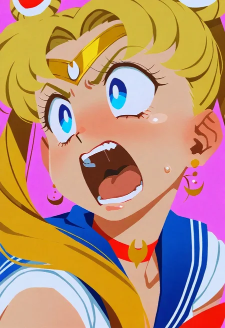 masterpiece, best quality, amazing quality, absurdres, colorful, no lineart, fisheye view.
sailor moon, blonde hair, blue eyes, open mouth, aggressive, surprised, angry.
pink background