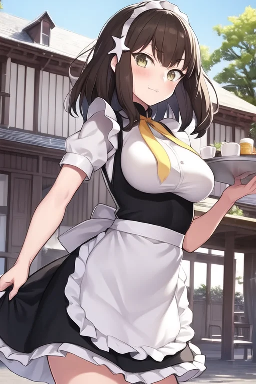 hajime, 1girl, maid uniform, frills, mansion, tray, short hair, brown hair, hair ornament,