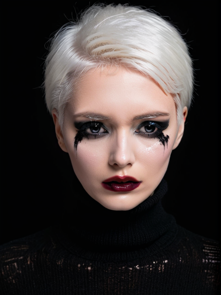 elegant goth woman in a turtleneck sweater with smearedmakeup, face, makeup, eyeshadow, lipstick, short white hair, black background, dark, looking at viewer, tears,
 <lora:Smeared-Makeup-SDXL-000008:0.8>