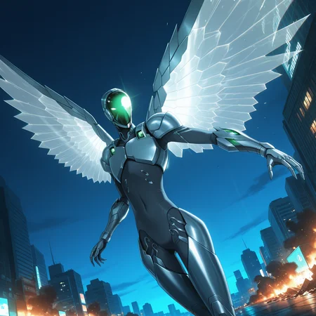 (deep contrast, luminous lighting, cinematic ambiance, best quality, colorful, masterpiece, detailed_background), BREAK <lora:haruhi-v2:1> awsilvercrow, humanoid robot, 1boy, male focus, solo, (mechanical wings, see-through wings), dynamic pose, dynamic angle, incoming attack, from below, city, sky, night, glowing, destruction, cowboy shot,