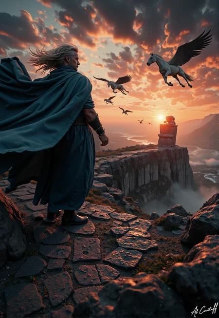 Extreme low-angle shot, 14mm ultra-wide fisheye lens with pronounced barrel distortion, intense motion blur on the wind-swept figure, very shallow f/1.4 depth of field. A lone figure, a man with a rugged face and a wild shock of silver hair, stands at the edge of a precipice, clad in a flowing cloak of deep indigo, its hem fluttering in the gusts. He wears a serene expression, his eyes closed as if in contemplation. In the distance, a procession of winged horses gallops across the sky, their manes streaming behind them. A colossal statue of a long-forgotten deity looms in the background, its features worn by time and weather. The sky is ablaze with a fiery sunset, the sun a burning orange-yellow disk, its rays casting a warm glow over the landscape. In the foreground, a winding path of black stone snakes through the rocks, etched with intricate hieroglyphs that seem to shimmer in the fading light.<lora:CustomFlux/MysticRealism.safetensors:1.0000000000000002:1.0000000000000002>