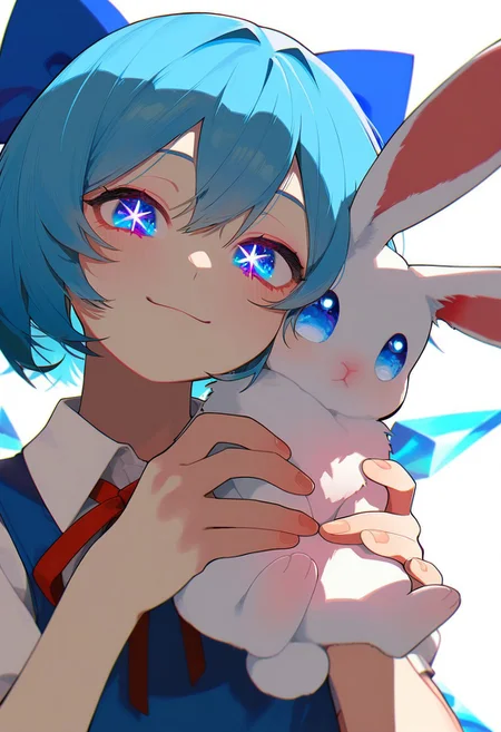 masterpiece, best quality, very aesthetic, high resolution, ultra-detailed, absurdres, newest, extremely detailed eyes, beautiful, perfect lighting, hi res, amazing quality, very awa, jui_sio, JUI_SIO,
1girl, solo, cirno, holding rabbit, smile, sparkling eyes, close up, white background , masterpiece, highres, high quality, absurdres, year 2024, very awa,