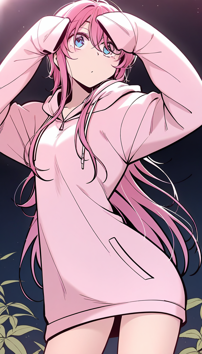 <lora:yushanshan:1>,yushanshan,1girl,long hair,pink hair,hair between eyes,blue eyes,pink hoodie, sleeves past wrists, long sleeves,, masterpiece,best quality,amazing quality,anime screenshot,