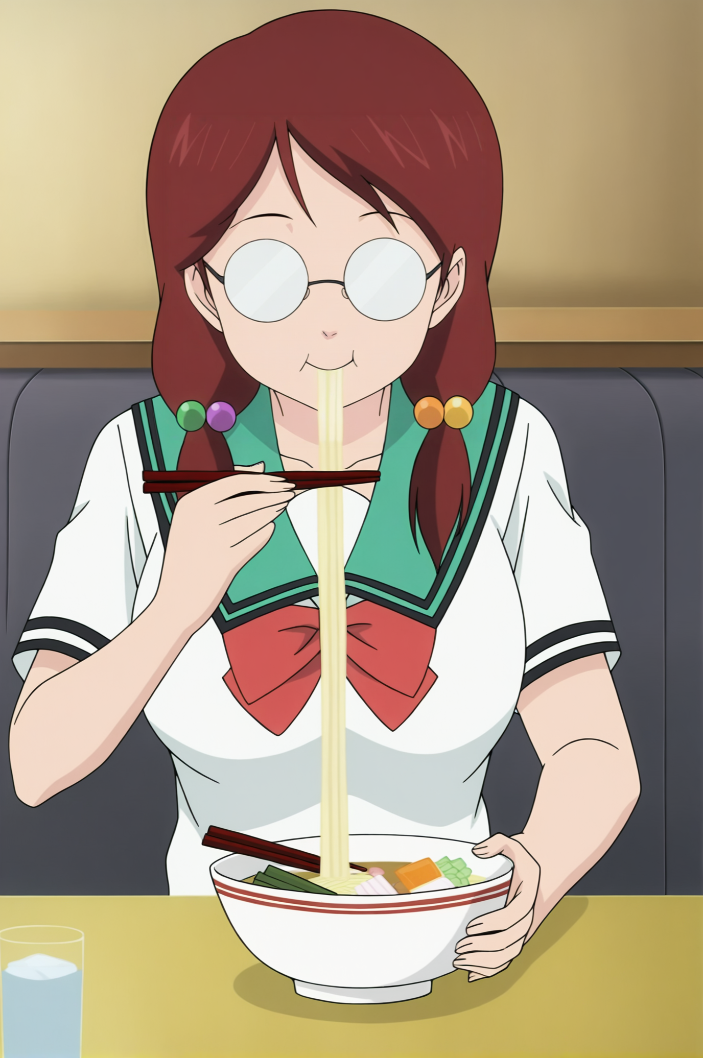 anime screencap,anime coloring,detailed face,masterpiece,best quality,very aesthetic,absurdres,volumetric lighting,official style,amazing quality,ultra detailed,highres,amazing quality,scenery,beautiful detailed hair,beautiful detailed eyes,official anime artwork,
<lora:Mera Chisato-IL V1:1>,Mera Chisato,1girl,solo,glasses,red hair,brown hair,large breasts,hair ornament,hair bobbles,
school uniform,serafuku,opaque glasses,eating,use chopsticks,ramen,table,sitting,holding bowl,