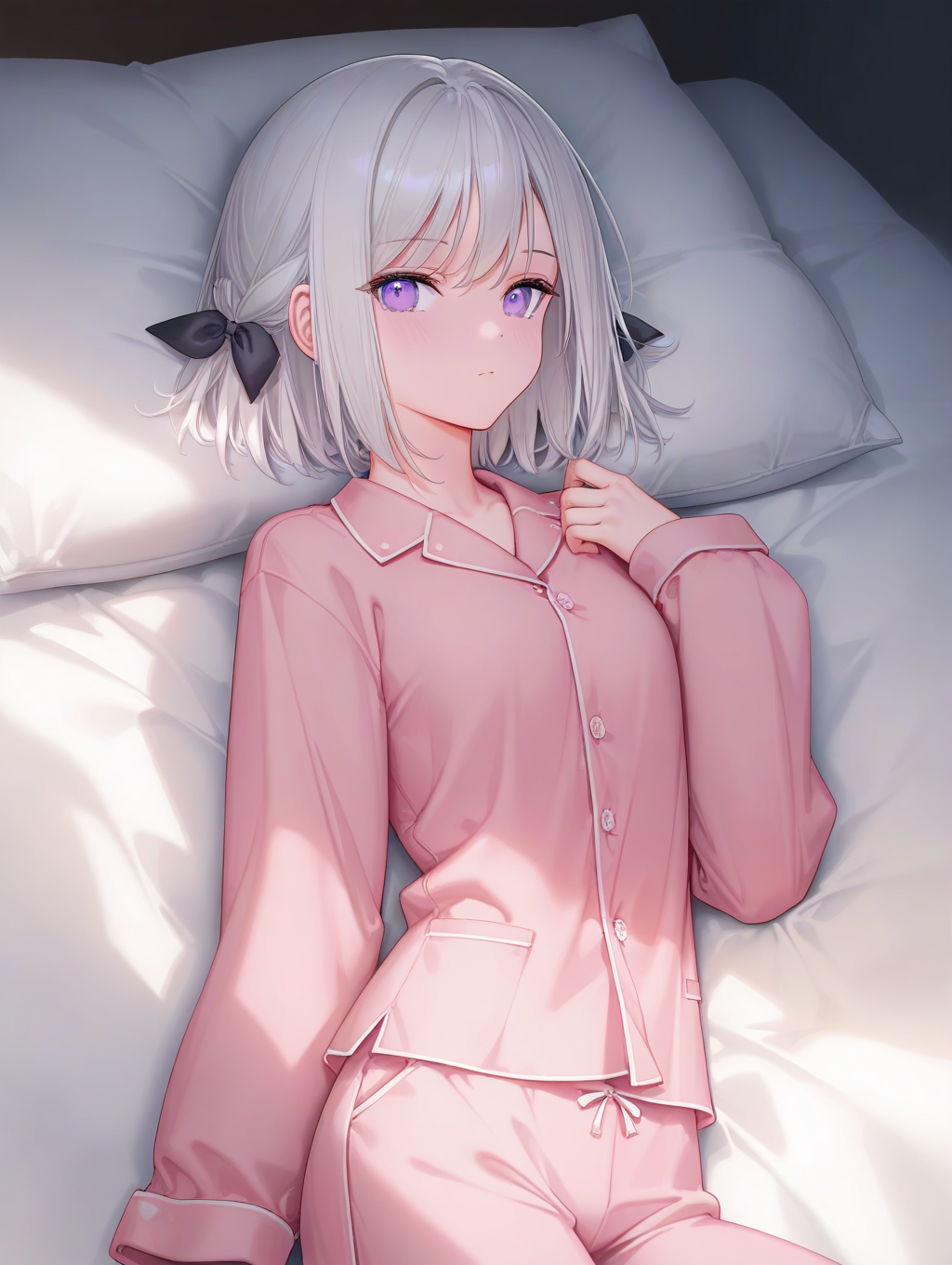 masterpiece,best quality,amazing quality,very aesthetic,absurdres,<lora:Katagiri Yui_ilxl_v1-000012:0.8>,(artist:ningen mame:0.95),(artist:ATDAN:0.95),artist:ciloranko,(artist:rhasta:0.91),artist:tidsean,(artist:ke-ta:0.9),(artist:ciloranko:0.95),(chiaroscuro:1.05),(artist:sho \(sho lwlw\):0.9),
katagiri yui,1girl,solo,looking at viewer,white hair,short hair,black bow,hair bow,expressionless,blush,purple eyes,lying,on bed,pajamas,ribbon,