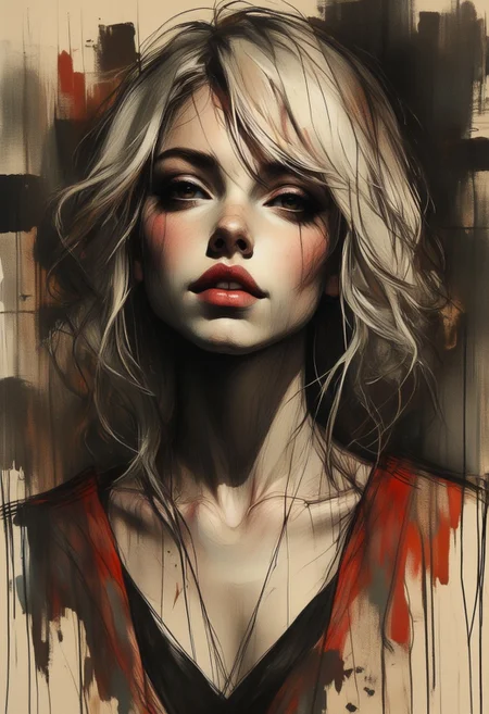 OBxiaoxiang, Inkplash art on rice paper, sepia, henna , inksketch, Silhouette Art, magnificent, dark background, inksplash portrait of stunning japanese woman, long hair with platinum streaks, sidelocks, bangs, seductive, sultry, lustful, red lips, direct gaze, light hitting one side of face, inksplash abstract background