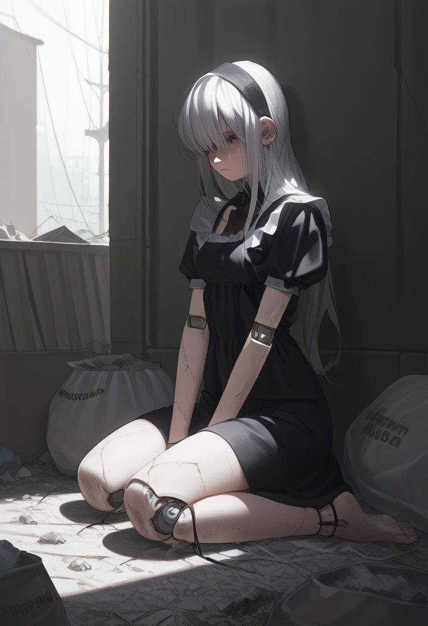 abbystea style, detailed,masterpiece,score_9,score_8_up,score_7_up,score_6_up,1girl,female, solo,anime,white hair, long hair,blue eyes,metal skin,wire,(cracked skin),melancholy,joints,android,mechanical parts,dark,sitting,trash bag,trash,slums,dirty,clutter,sad,barefoot,poverty,catharsis,cracked face, fullbody, sunlight,black dress, maid outfit, puffy sleeves,source_anime, outdoors, sad face, close up, ripped clothes, large breasts, hands, wires, clothing cutout, postapocalypse, greenery, covered eyes, blindfold