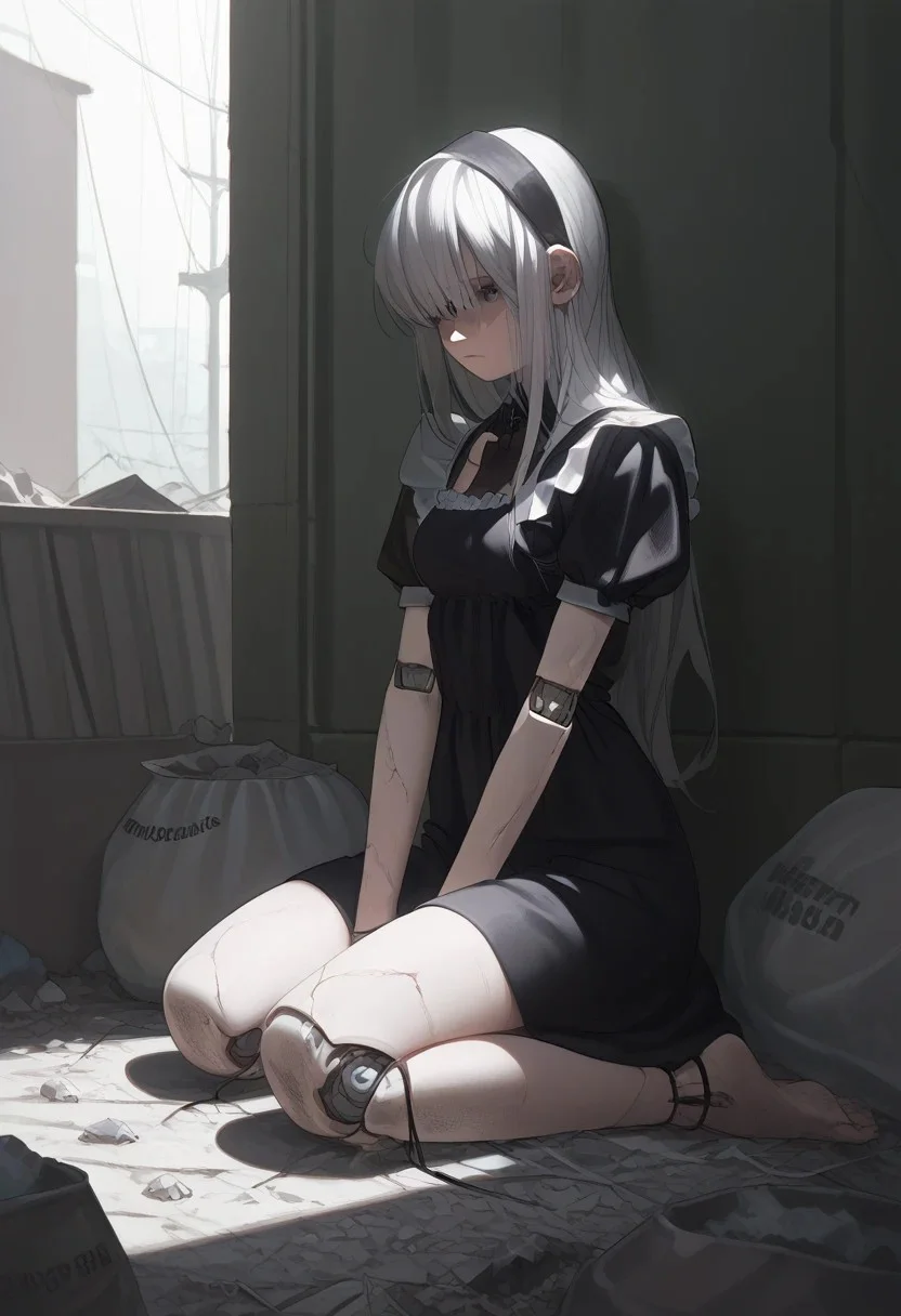 abbystea style, detailed,masterpiece,score_9,score_8_up,score_7_up,score_6_up,1girl,female, solo,anime,white hair, long hair,blue eyes,metal skin,wire,(cracked skin),melancholy,joints,android,mechanical parts,dark,sitting,trash bag,trash,slums,dirty,clutter,sad,barefoot,poverty,catharsis,cracked face, fullbody, sunlight,black dress, maid outfit, puffy sleeves,source_anime, outdoors, sad face, close up, ripped clothes, large breasts, hands, wires, clothing cutout, postapocalypse, greenery, covered eyes, blindfold