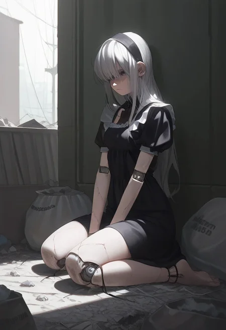 abbystea style, detailed,masterpiece,score_9,score_8_up,score_7_up,score_6_up,1girl,female, solo,anime,white hair, long hair,blue eyes,metal skin,wire,(cracked skin),melancholy,joints,android,mechanical parts,dark,sitting,trash bag,trash,slums,dirty,clutter,sad,barefoot,poverty,catharsis,cracked face, fullbody, sunlight,black dress, maid outfit, puffy sleeves,source_anime, outdoors, sad face, close up, ripped clothes, large breasts, hands, wires, clothing cutout, postapocalypse, greenery, covered eyes, blindfold