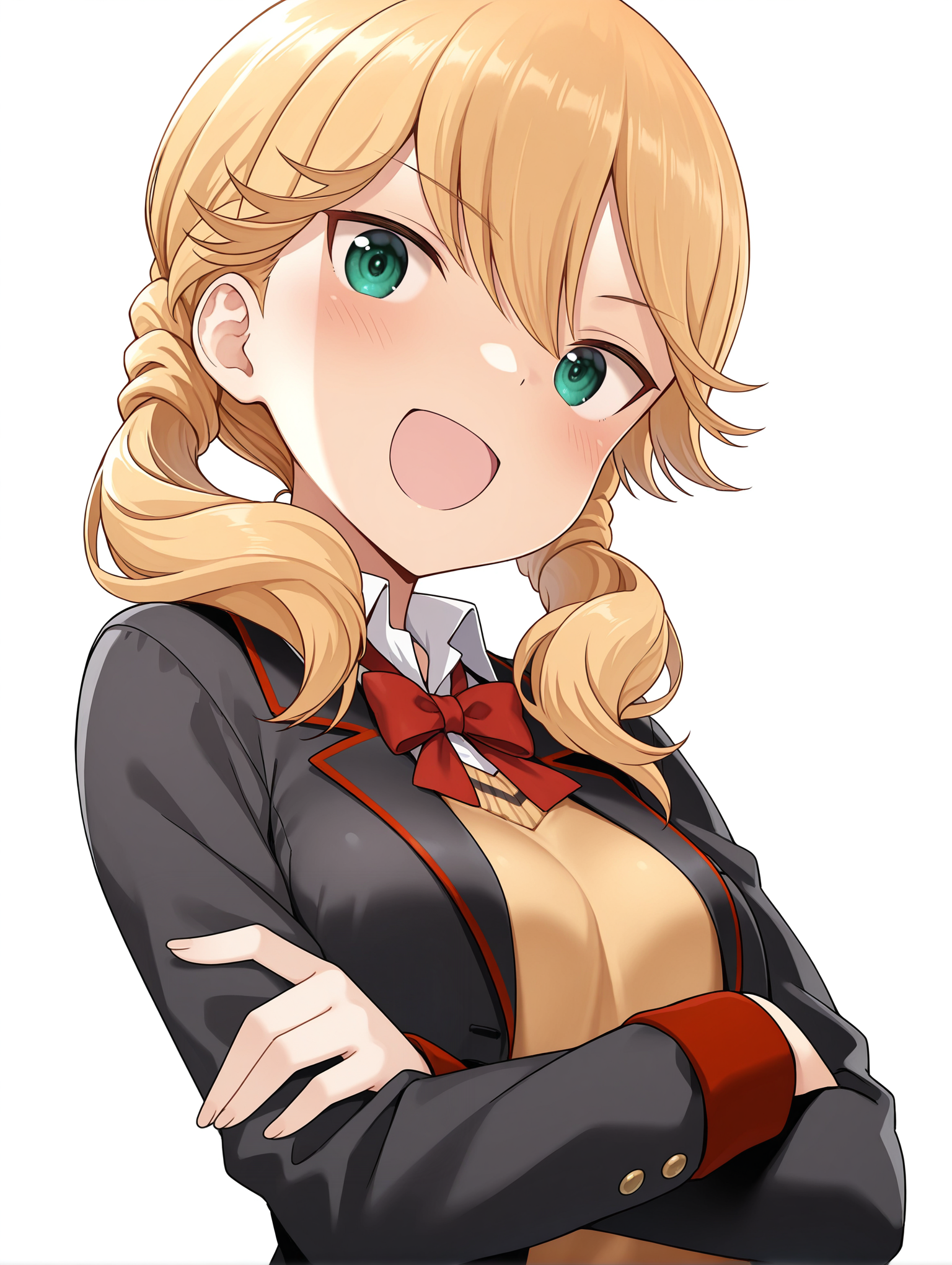 masterpiece,best quality,newest,
1girl,solo,
<lora:Kotomura_Akane_ilxl_v1.0:1>,k_akane,blonde hair,green eyes,low twintails,
ashihara_h,black jacket,open jacket,red ribbon tie,shirt,sweater,
<lora:Fixhands_anime_bdsqlsz_V1:1>,white_background,simple_background,looking_at_viewer,light_blush,upper_body,open mouth,:d,front view,crossed arms,