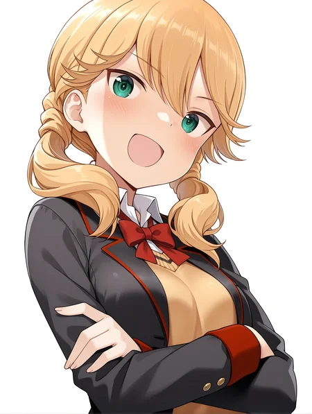 masterpiece,best quality,newest,
1girl,solo,
<lora:Kotomura_Akane_ilxl_v1.0:1>,k_akane,blonde hair,green eyes,low twintails,
ashihara_h,black jacket,open jacket,red ribbon tie,shirt,sweater,
<lora:Fixhands_anime_bdsqlsz_V1:1>,white_background,simple_background,looking_at_viewer,light_blush,upper_body,open mouth,:d,front view,crossed arms,