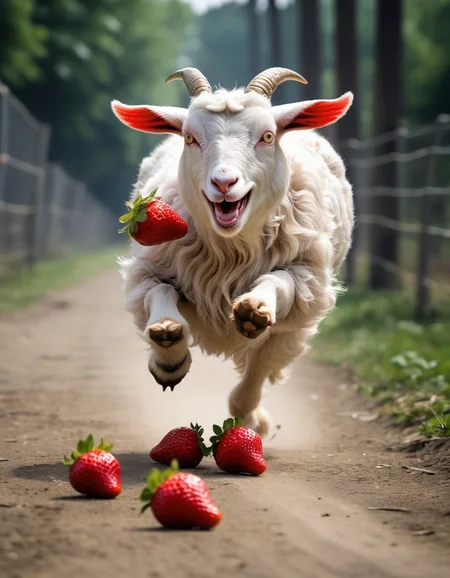 strawberry. mascot chasing. obese goat