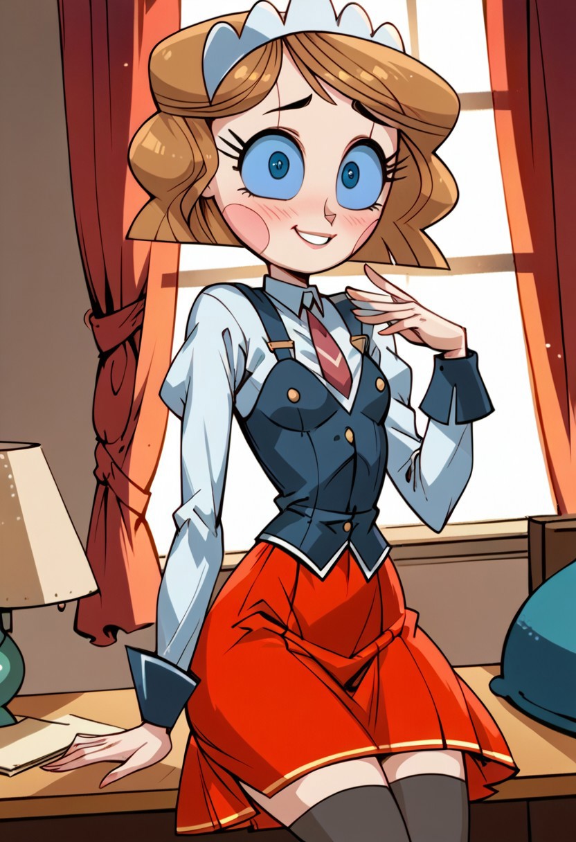 easynegative, Expressiveh, mythp0rt, 2D, score_9_up, score_9, score_8_up, score_8, score_7_up, score_7, highly detailed, high contrast, amazing quality, dynamic lighting, 1girl, emmytr, robot, brown hair, blue eyes, school uniform, white shirt, black vest, black thighhighs, red skirt, red necktie,cute pose, cute face, skinny petite body, skinny legs, wide hips, small breasts, smiling, blushing, sad eyes, cute face, bedroom,